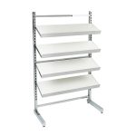 The White Sloping 4 Shelf Unit features a sturdy metal display rack with four adjustable-height angled white shelves on a stable base.