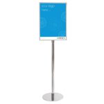 A2 Stainless Steel Direction Sign featuring a blue sign with "your logo here..." and circular patterns, mounted on a silver pole and base.