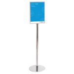 A3 Stainless Steel Directional Sign with a silver frame and pole, showcasing a blue poster stating "your logo here.