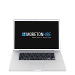 A MacBook Pro displays the Moreton Hire logo on its screen.