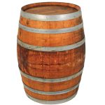 A Wine Barrel Timber featuring a wooden design and metal hoops, standing upright.