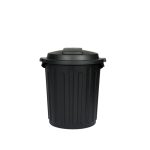 A black plastic Waste Paper Bin with a lid, showcasing vertical grooves, placed against a plain white background.