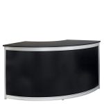 Large black curved registration counter with a smooth top and metal frame.