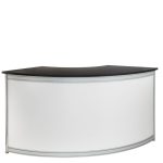 Curved Registration Counter Large White featuring a semi-circular design with a white front panel and black countertop.