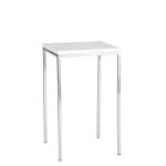 The White Medium Height Roma Display Plinth is a tall, square, white table featuring four slender metal legs set against a plain white backdrop.