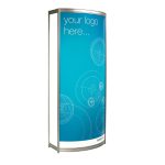 The Freestanding Curved Backlit Sign features a blue background, white circular graphics, and the text "your logo here..." in white.
