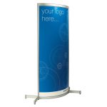 Freestanding Curved Sign with a blue background featuring "your logo here" at the top.