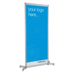 Freestanding Flat sign with a blue background and "your logo here..." text; base labeled "Moreton Hire.