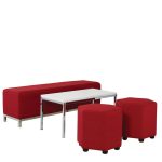 The Lucca Package 1 includes a red modular furniture set featuring a long bench, two hexagonal ottomans, and a rectangular white table with metal legs on a white background.