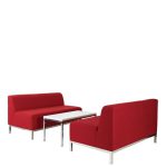 The Lucca Package 3 features two red, armless sofas facing each other with a white rectangular coffee table in between, all on metallic legs.