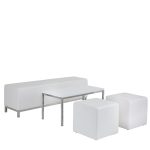 Leatherette Package 1 is a white minimalist furniture set featuring a rectangular bench, a glass-top table, and two cube-shaped stools on a white background.