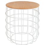 A side table named Paros featuring a natural oak top and a white metal wire frame.