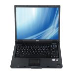 A PC Laptop Computer, open and black, displays a blue abstract pattern on the screen, equipped with a standard keyboard and touchpad.