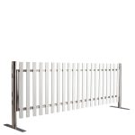 A White Picket Fence, featuring vertical slats and metal supports at both ends, is displayed against a plain background.