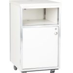 The Quattro Computer Counter White is a mobile cabinet featuring a small open shelf, a closed compartment on wheels, metal trim, and a lockable door.