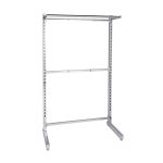 The Quattro Hanging Rail Shelving Unit is a metal garment rack with adjustable height and parallel bars, ideal for storing or displaying clothing.
