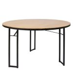 A round, light brown wooden table with black metal legs, known as the "Table Round 8 Seater - 1.5m.