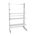 The Quattro Shelf Unit is a white and silver shelving system featuring five adjustable shelves on a robust frame.