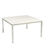 white square coffee table with signage