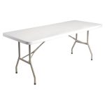 A rectangular banquet trestle table with a white plastic top and metal legs.