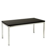 The Oblong Coffee Table in black features a sleek surface and sturdy silver metal legs, set against a plain white backdrop.