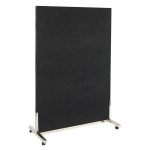 A freestanding Vertical Display Panel on a metal frame with wheels, featuring black fabric.
