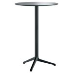 The Ypsilon Round Dry Bar Black is a tall, sleek pedestal table with a round top and three-legged metal base.