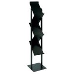 The Zig Zag Brochure Stand features a black metal design with four angled shelves on a square base.