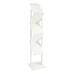 The Zig Zag Brochure Stand White is a freestanding magazine rack featuring four angled shelves on a square base.