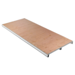 The Cassette Floor Panel 1m x 2.4m is a rectangular wooden platform with metal edges, designed for use in a scaffolding system.
