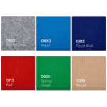 The Rewind Carpet is available in six color options, each labeled with a number: Smoke Grey, Aqua, Royal Blue, Red, Spring Green, and Beige.